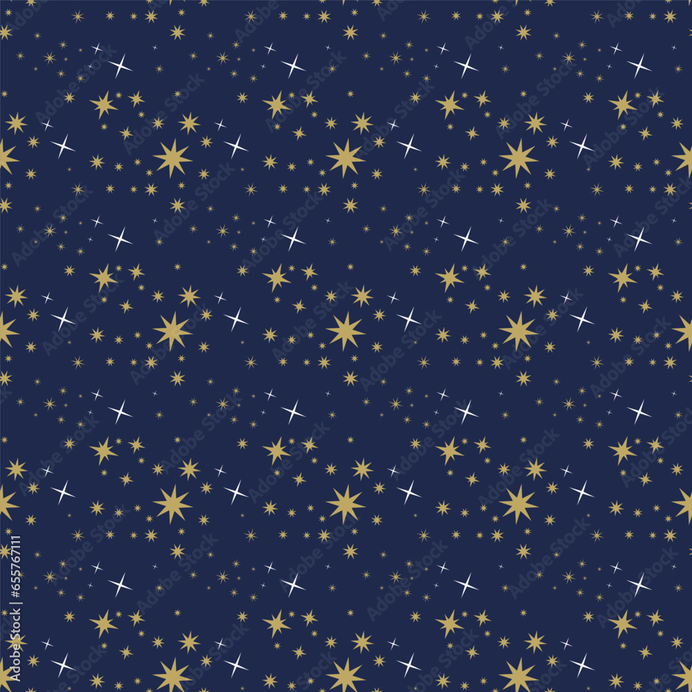 Seamless vector background with golden stars on a blue background for designs, packaging, greeting cards.