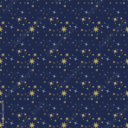 Seamless vector background with golden stars on a blue background for designs, packaging, greeting cards.