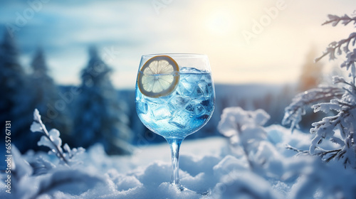 Product photograph of Gin Tonic cocktail with lime. Sparkling. in the snow In a winter forest. Sunlight. Blue color palette. Drinks.