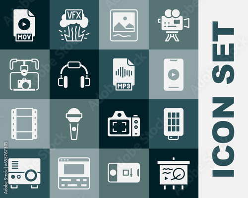 Set Scenario on chalkboard, Softbox light, Online play video, Photo frame, Headphones, Gimbal stabilizer with camera, MOV file document and MP3 icon. Vector