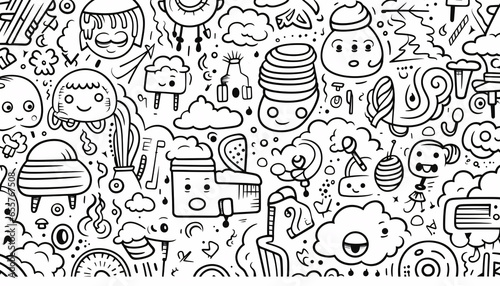 happy doodle pattern - black white