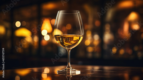 Product photograph of Wine glasson a table in a nigth bar. Dramatic light. Yellow color palette. Drinks.