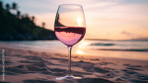 Product photograph of Wine glassin the sand on a tropical beach. Sunlight. Pink color palette. Drinks.