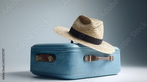 A suitcase with hat isolated on bright background with copyspace. summer, travel and vacation concept