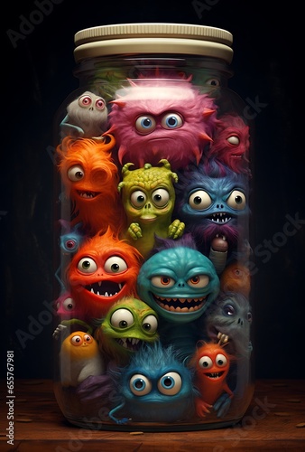 Glass jar full of funny monsters. Halloween concept. Dark background.