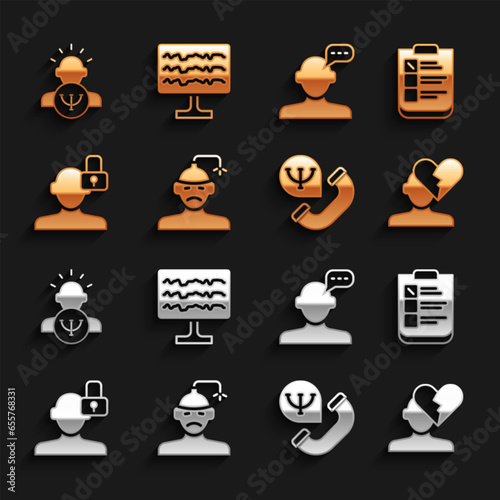 Set Concussion, headache, Psychological test, Broken heart or divorce, Online psychological counseling, Closed personality, Psychology and Encephalogram icon. Vector