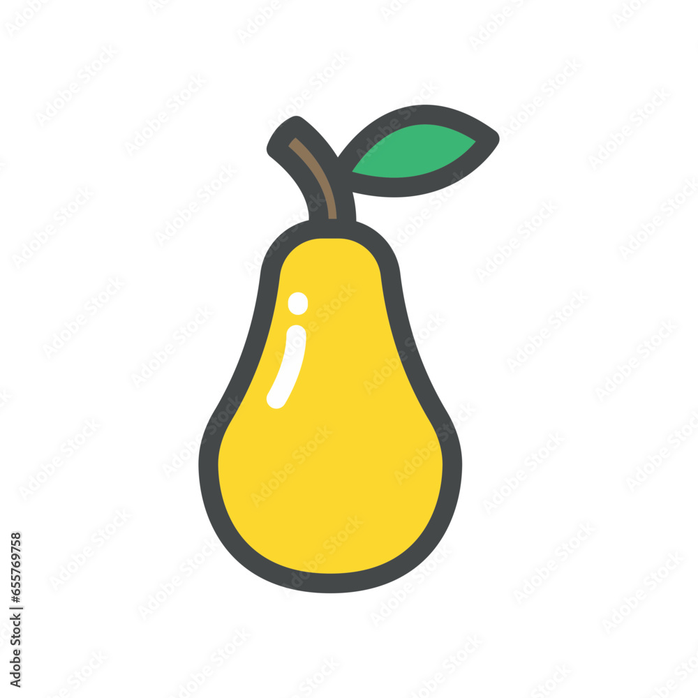 Ripe and fresh pear fruit with single leaf silhouette flat line color design for food apps and website. Organic Fruit, vegan, vegetarian icon. Vector illustration filled outline style Ripe and fresh pear fruit with single leaf silhouette flat line color design for food apps and website. Organic Fruit, vegan, vegetarian icon. Vector illustration filled outline style