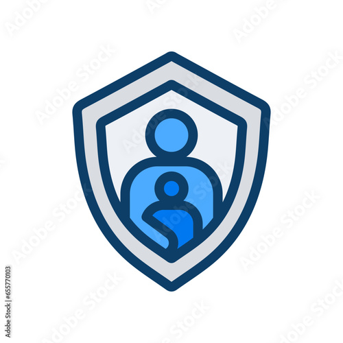 Parents and child avatar in shield badge for online safety kids symbol. Kids watch safe content on internet. Parental control outline flat solid icon Vector illustration filled outline style