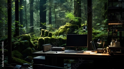 Fototapeta Naklejka Na Ścianę i Meble -  Serene and tranquil workplace with desk computer and stationery in lush, green forest and jungle. Unique and inspiring workspace with nature and corporate life integration. Distant work and remote job
