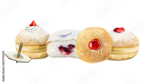 Hanukkah traditional donuts with dreidel watercolor illustration isolated on white background. Hand drawn Jewish sevivon, doughnuts, sufganiyah,. Chanukah pastry with strawberry jam