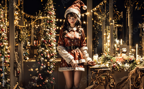 Beautiful girl in a elegant noel dress standing near the Christmas tree. Christmas miracles. Luxurious Christmas decoration.