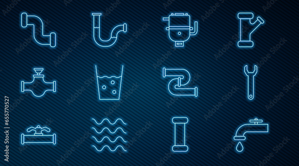 Set line Water tap, Wrench spanner, Electric boiler for heating water, Glass with, Industry pipe and valve, metallic, and icon. Vector Set line Water tap, Wrench spanner, Electric boiler for heating water, Glass with, Industry pipe and valve, metallic, and icon. Vector
