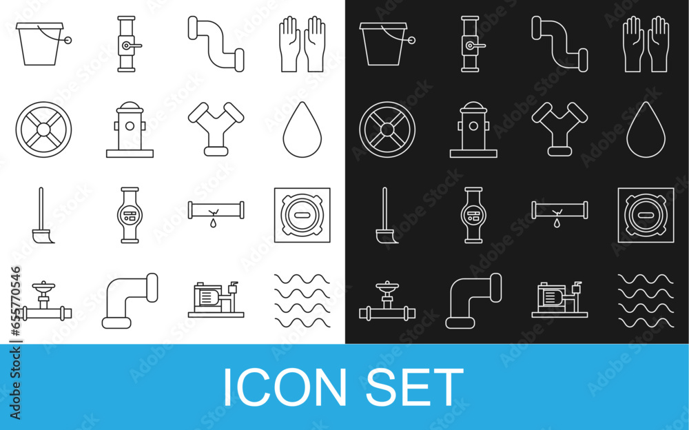 Set line Wave, Manhole sewer cover, Water drop, Industry metallic pipe, Fire hydrant, valve, Bucket and icon. Vector