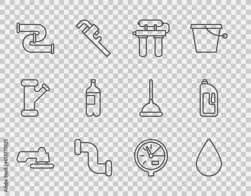 Set line Water tap, drop, filter, Industry metallic pipe, Bottle of water, meter and Container with drain cleaner icon. Vector