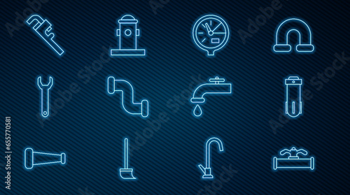 Set line Industry pipe and valve, Water filter, meter, metallic, Wrench spanner, Pipe adjustable wrench, tap and Fire hydrant icon. Vector