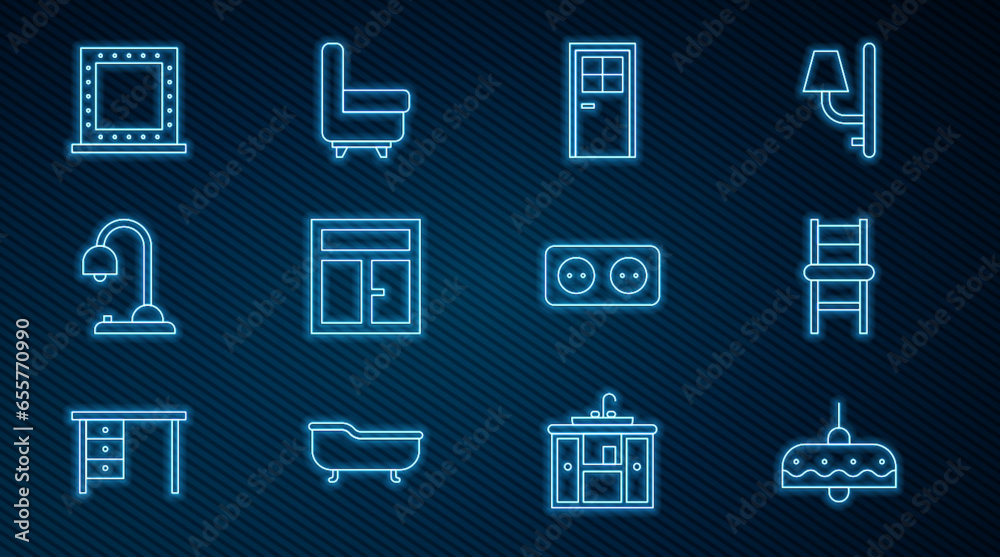 Set line Chandelier, Chair, Closed door, Window in the room, Table lamp, Makeup mirror with lights, Electrical outlet and Armchair icon. Vector Set line Chandelier, Chair, Closed door, Window in the room, Table lamp, Makeup mirror with lights, Electrical outlet and Armchair icon. Vector