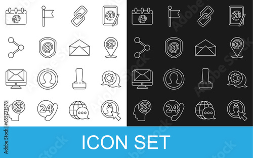 Set line Create account screen, Speech bubble chat, Location and mail and e-mail, Chain link, Shield with, Share, Calendar email and Envelope icon. Vector