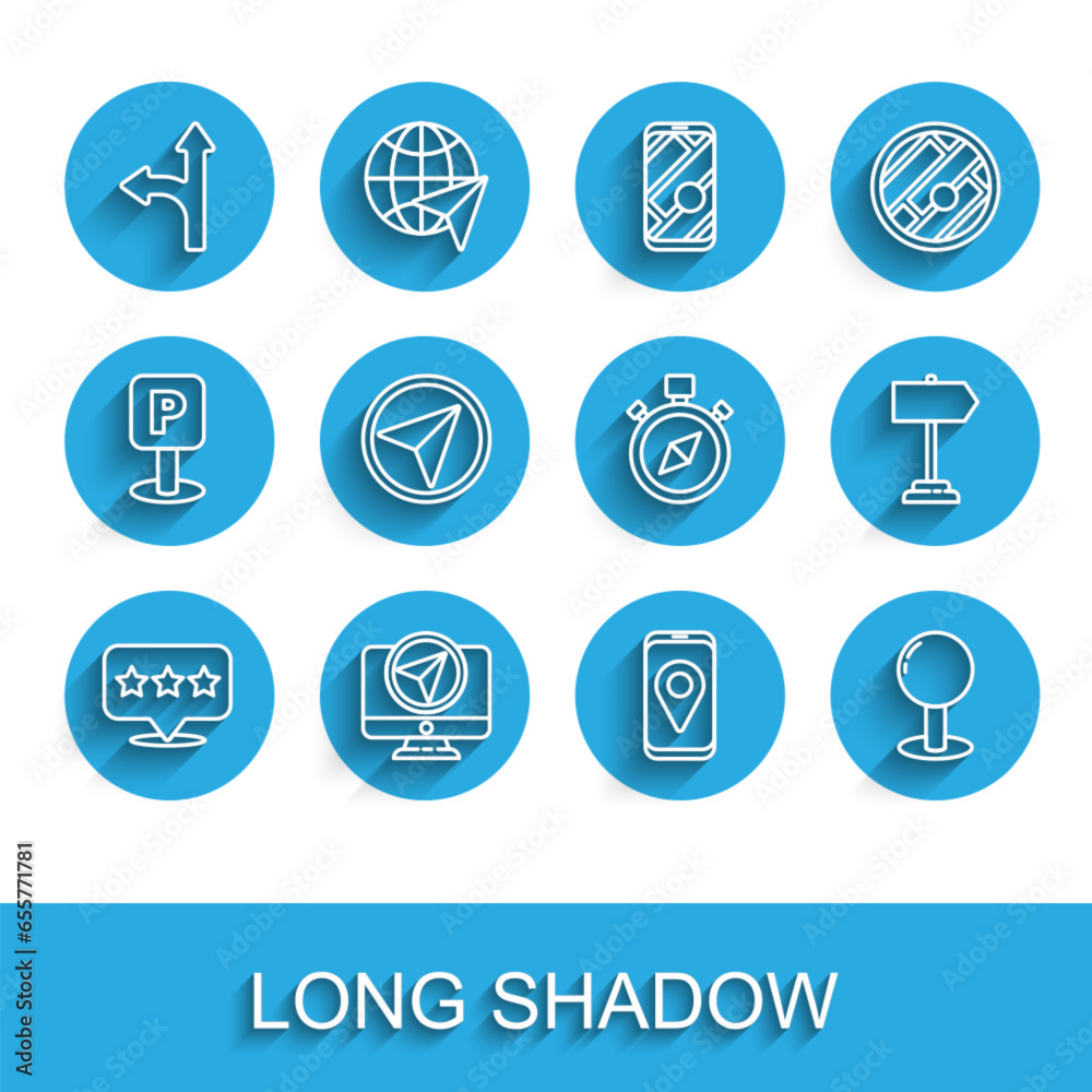 Set line Map pointer with star, Monitor location marker, Road traffic sign, City map navigation, Push pin, Infographic of city, and Compass icon. Vector Set line Map pointer with star, Monitor location marker, Road traffic sign, City map navigation, Push pin, Infographic of city, and Compass icon. Vector