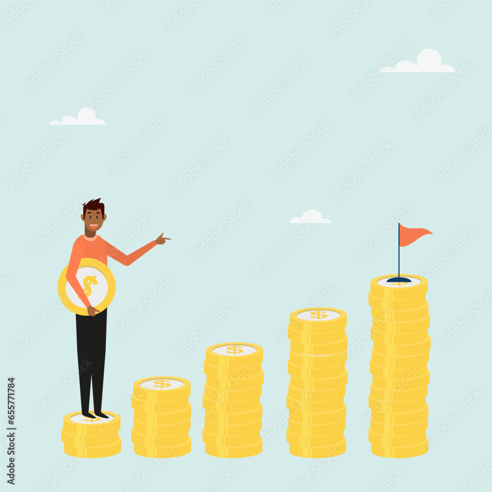 Guy carrying the money coin begins to step onto the complex money stack. Start investing in the stock market, start saving to achieve your financial goal. Vector.
Guy carrying the money coin begins to step onto the complex money stack. Start investing in the stock market, start saving to achieve your financial goal. Vector.