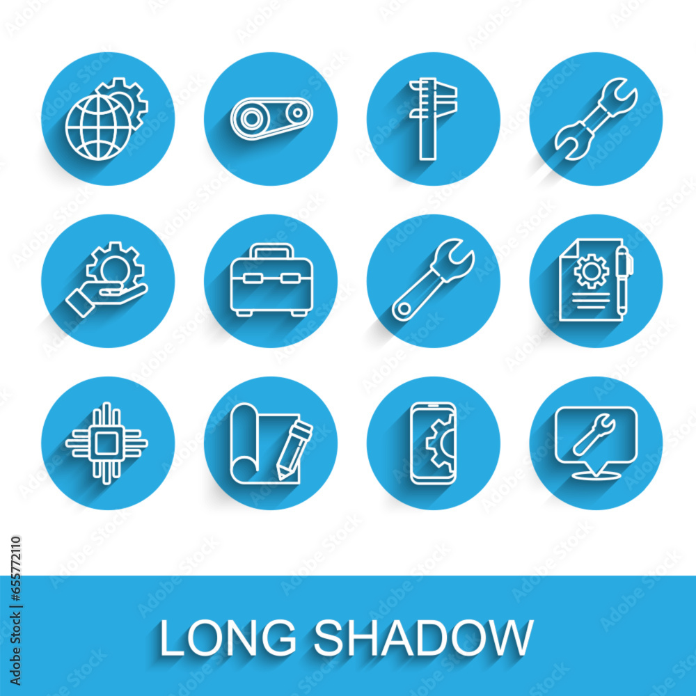 Set line Processor with microcircuits CPU, Graphing paper and pencil, Globe of the Earth gear, Setting on smartphone, Location wrench spanner, Toolbox, Document settings and Wrench icon. Vector