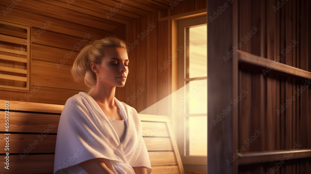 Bautiful young woman relaxing in Finnish sauna Bautiful young woman relaxing in Finnish sauna