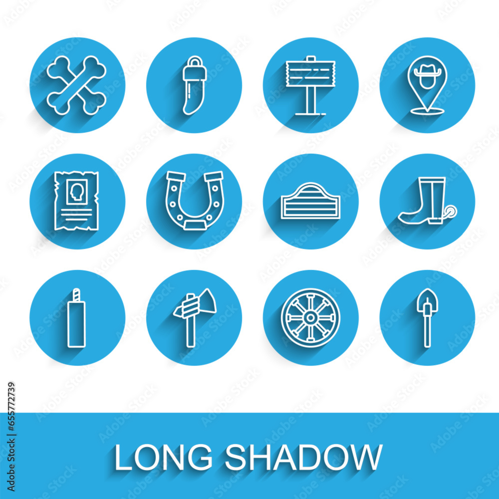 Set line Dynamite bomb, Tomahawk axe, Crossed human bones, Old wooden wheel, Shovel, Horseshoe, Cowboy boot and Saloon door icon. Vector Set line Dynamite bomb, Tomahawk axe, Crossed human bones, Old wooden wheel, Shovel, Horseshoe, Cowboy boot and Saloon door icon. Vector