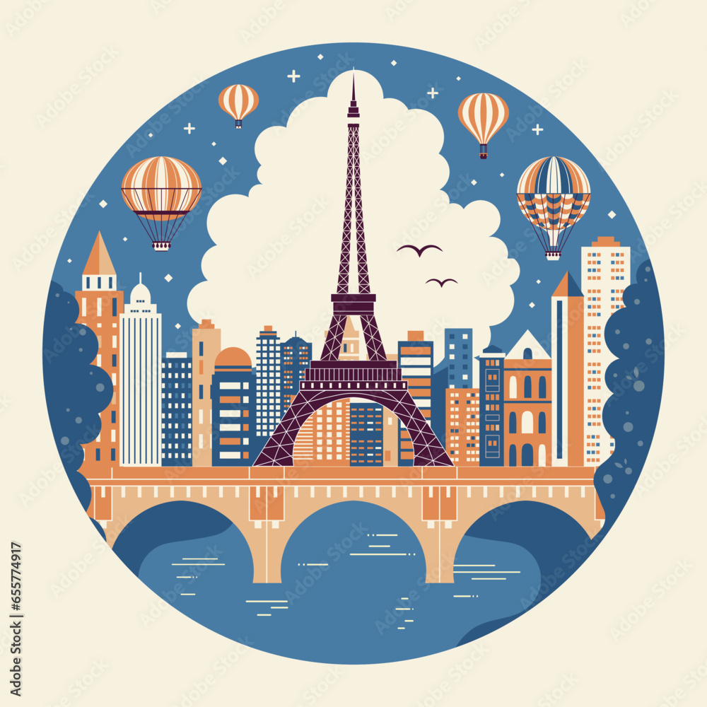 Vintage Hot Air Balloon Flying over Paris