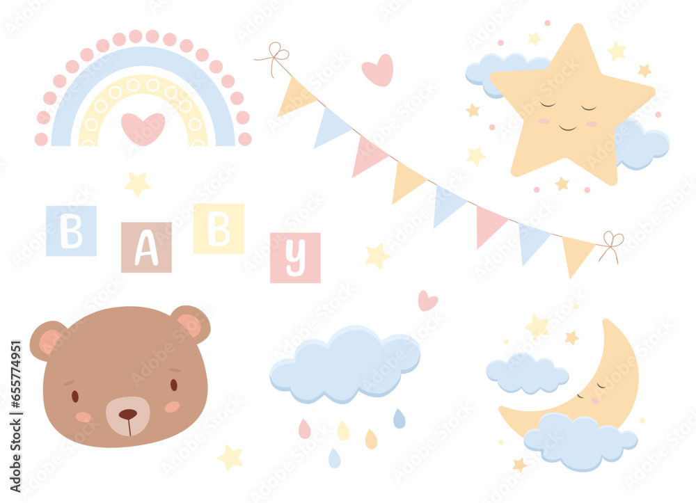 Vector illustration for celebrating baby shower. Cute bear, rainbow, star, moon and clouds. Décor for the newborn