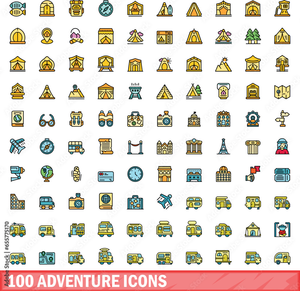 Fototapeta premium 100 adventure icons set. Color line set of adventure vector icons thin line color flat on white