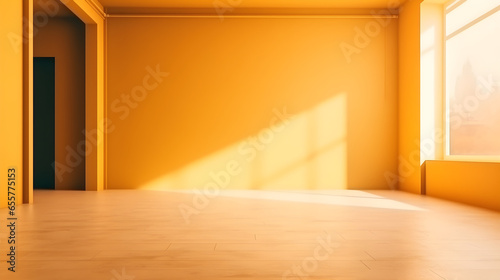 An empty room with a yellow gradient wall and a window with a wooden floor  empty studio room background