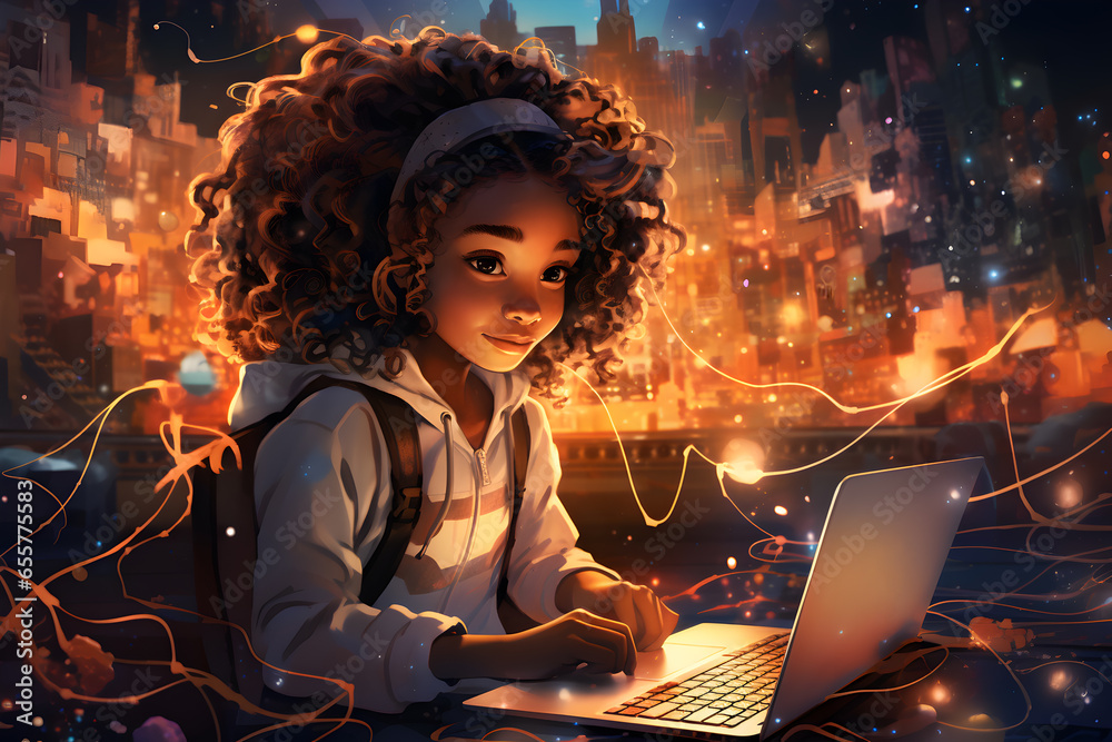 Little black girl sits at a computer and works with a neural network. The concept of artificial intelligence and modern technologies.  - obrazy, fototapety, plakaty 