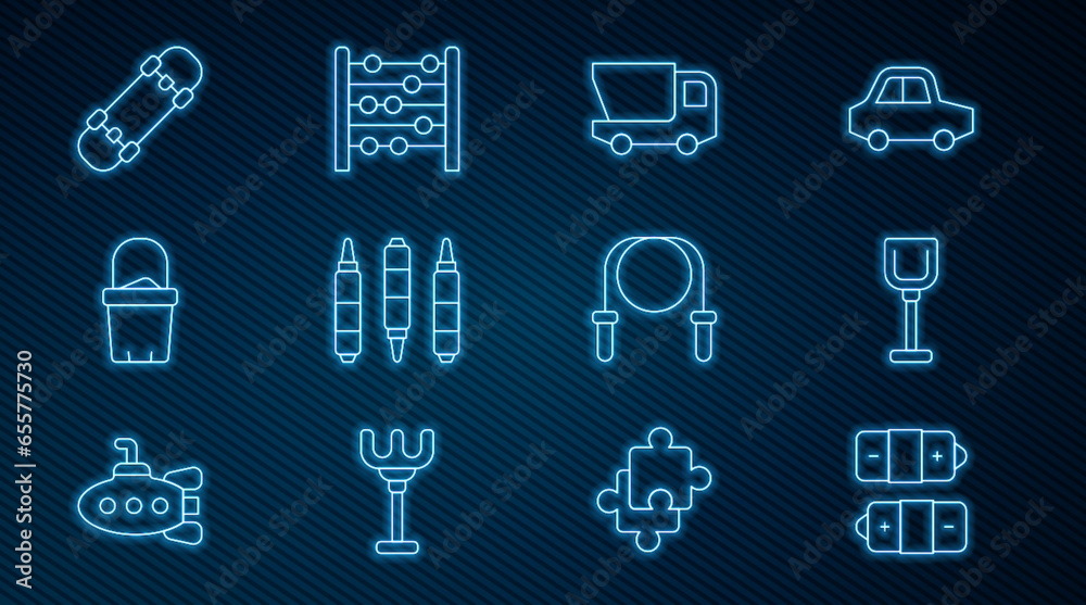 Set line Battery, Shovel toy, Toy truck, Marker pen, Sand in bucket, Skateboard, Jump rope and Abacus icon. Vector Set line Battery, Shovel toy, Toy truck, Marker pen, Sand in bucket, Skateboard, Jump rope and Abacus icon. Vector