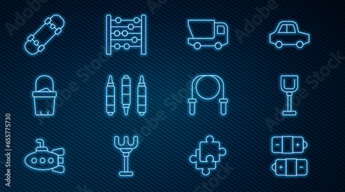 Set line Battery, Shovel toy, Toy truck, Marker pen, Sand in bucket, Skateboard, Jump rope and Abacus icon. Vector