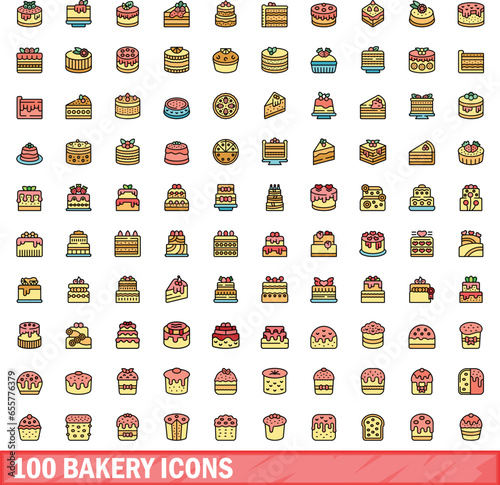 100 bakery icons set. Color line set of bakery vector icons thin line color flat on white