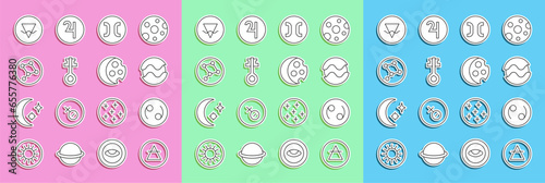 Set line Air element, Cancer zodiac, Planet, Pisces, Old magic key, Great Bear constellation, Earth and Eclipse of the sun icon. Vector