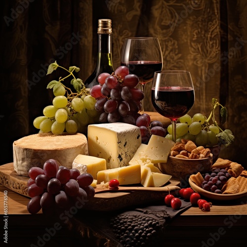 Elegant image of wine, cheese, fruit and nuts. Great for stories on wine, luxury, indulgence, gastronomy, travel, food blogs, country living and more. 