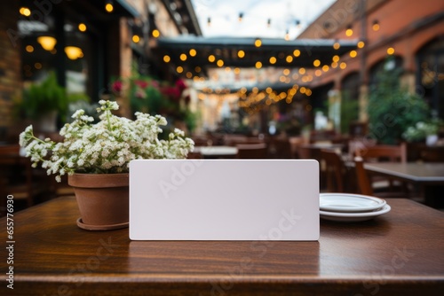 Blank white card with flowerpot on wooden table in coffee shop photo