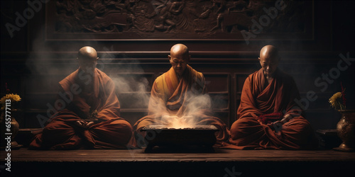 In a quiet temple Budda three buddhist monks incens