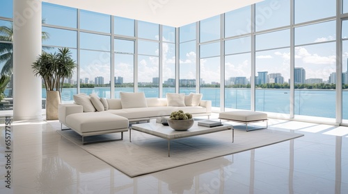 April 2020 in South Florida a Large Open Living Space with Sweeping Views of the City and Water White Airy and Minimalist with Floor to Ceiling Glass Windows © Creative Station