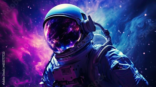 Astronaut in Space with Stars a Galaxy a Purple and Blue Nebula and Galaxies Reflected in His Helmet