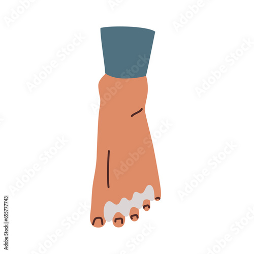 Toe spacers for healthy feet, silicone podiatric separators for tired feet, vector illustration of foot with toe spreaders, toes correction icon, isolated clipart on white background