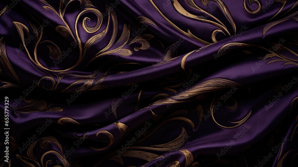 Swirling patterns of deep purple and gold capturing a vibrant gold texture and golden elements on a silk material.  - obrazy, fototapety, plakaty 