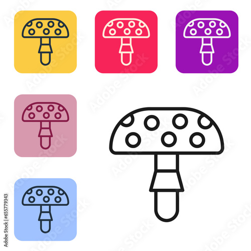 Black line Amanita muscaria or fly agaric hallucinogenic toadstool mushroom icon isolated on white background. Spotted poisonous mushroom. Set icons in color square buttons. Vector