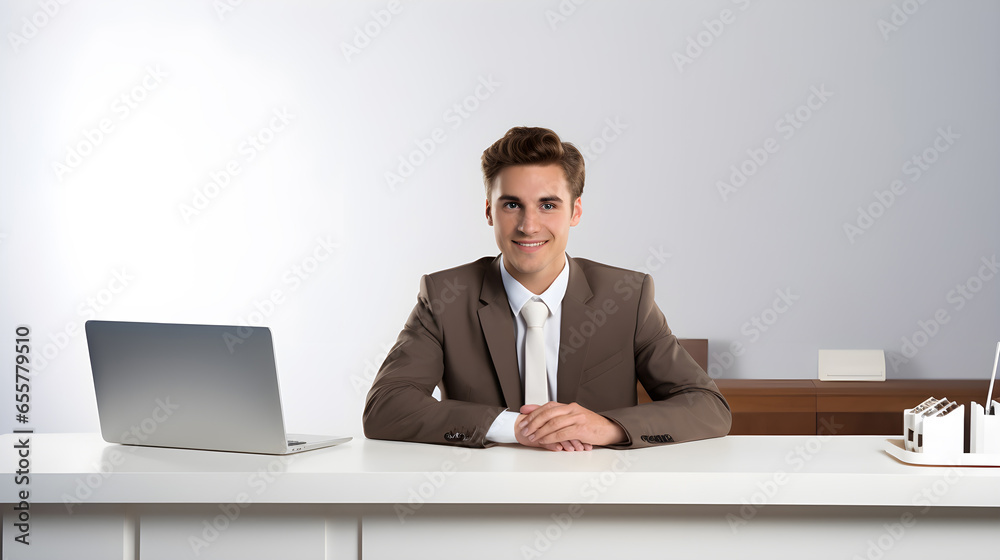 Portrait of smiling confident businessman, employee worker or financial specialist wearing suit sitting at the table in modern office, successful executive leader ceo looking at camera Portrait of smiling confident businessman, employee worker or financial specialist wearing suit sitting at the table in modern office, successful executive leader ceo looking at camera