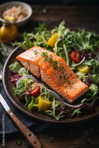 A delicious plate of salmon with a refreshing side of salad