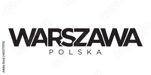 Warsaw in the Poland emblem. The design features a geometric style, vector illustration with bold typography in a modern font. The graphic slogan lettering.