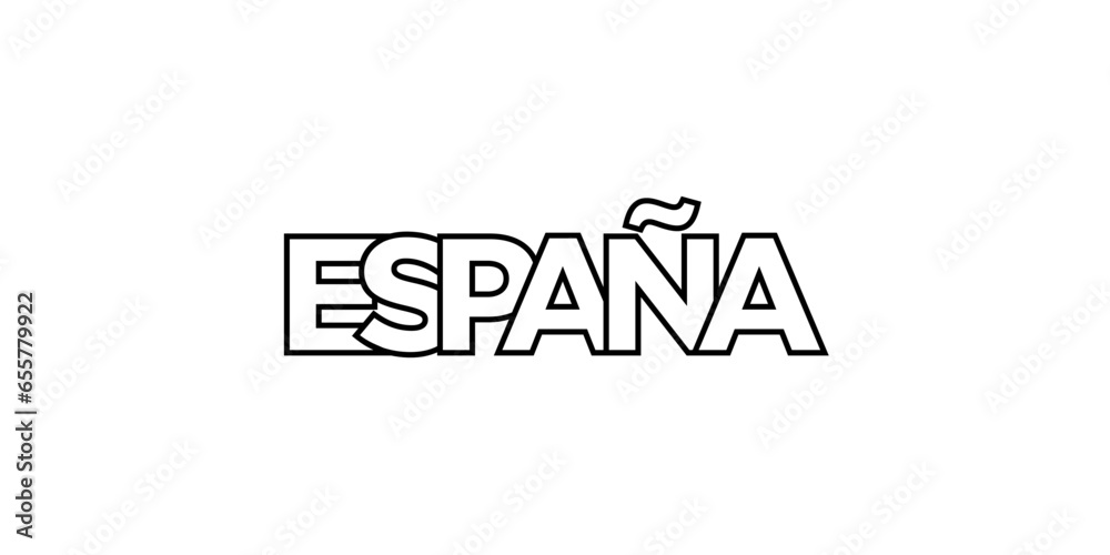 Spain emblem. The design features a geometric style, vector illustration with bold typography in a modern font. The graphic slogan lettering.