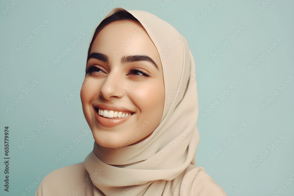 Portrait of a beautiful young Muslim woman with hijab on color background, closeup, smile, with copyspace, for banner background.
