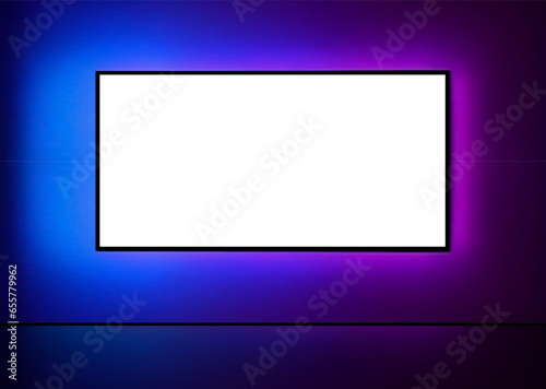 Realistic TV screen. Modern lcd wall panel, led type, isolated on neon wall background. Large computer monitor display mockup. Blank television template. Graphic design element. Vector illustration
