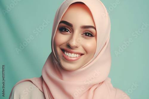 Portrait of a beautiful young Muslim woman with hijab on color background, closeup, smile, with copyspace, for banner background. photo